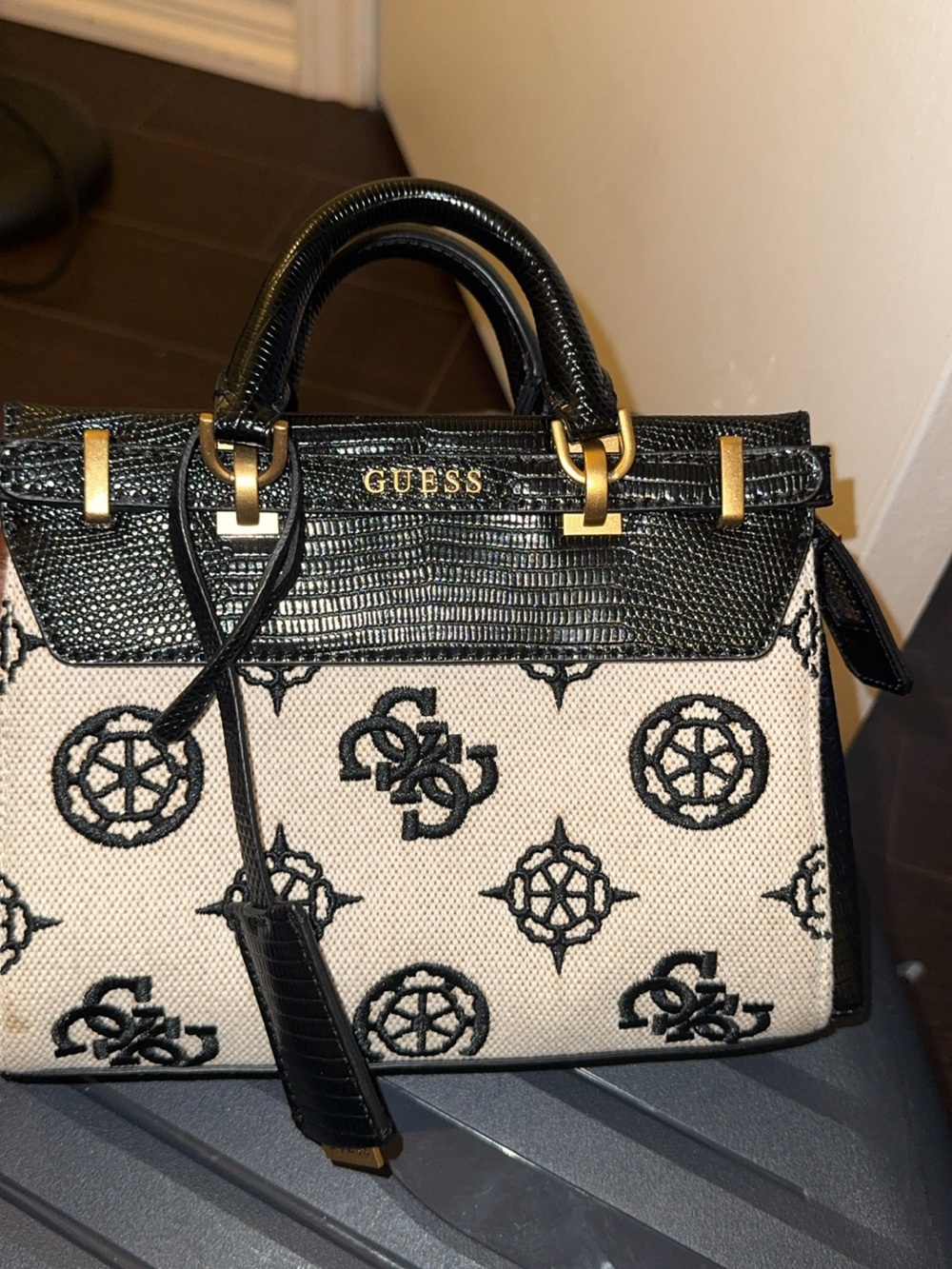 GUESS Black & Cream Logo Jacquard Satchel with Gold Hardware